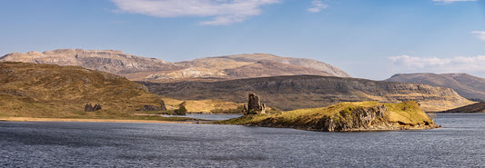 The remnants of Ardvreck Castle, perched on a spit of land in Loch Assynt, surrounded by the Assynt & Coigach mountains.
This beautiful landscape is available in A3, A2 and A1 sizes, as print only, or with a choice of wooden frames in White, Black and Oak.