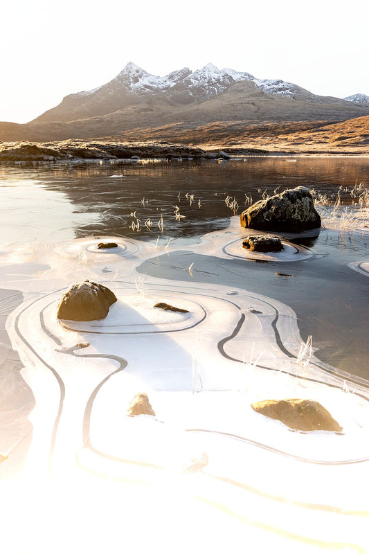 Reflections of the snowy, Cuillin Ridge in the receding tide at Glen Brittle Beach.
This amazing landscape print is available in A3, A2 and A1 sizes, as print only, or with a choice of wooden frames in White, Black and Oak