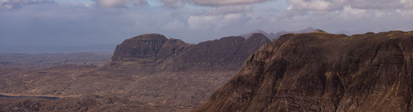 Cul Mor, Suilven and Quinag on an atmospheric day in Assynt & Coigach. This amazing landscape print is available in A3, A2 and A1 sizes, as print only, or with a choice of wooden frames in White, Black and Oak.