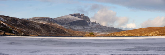 Loch Fada in deep mid-Winter, frozen and dusted with snowfall, and the Old Man of Storr rising above it.
This amazing landscape is available in A3, A2 and A1 sizes, as print only, or with a choice of wooden frames in White, Black&  Oak
