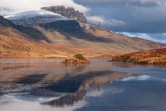 A partially frozen Loch Fada, reflecting the Old Man of Storr.
This amazing landscape is available in A3, A2 and A1 sizes, as print only, or with a choice of wooden frames in White, Black and Oak