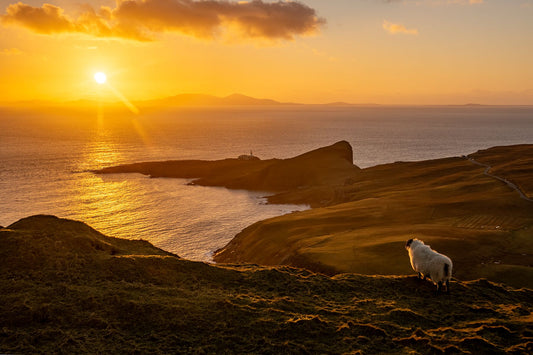 Sunset over South Uist, viewed from above Neist Point, the Isle of Skye's most Westerly headland.
This unique landscape is available in A3, A2 and A1 sizes, as print only, or with a choice of wooden frames in White, Black and Oak.
