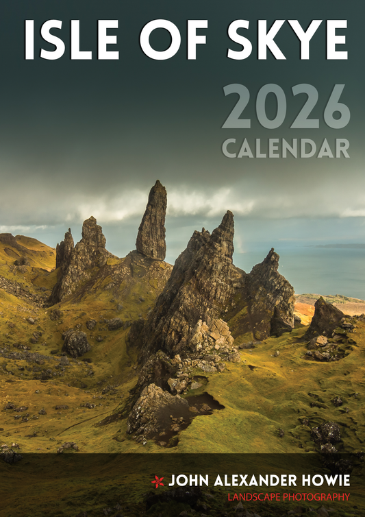 Isle of Skye 2026 calendar cover with rocky landscape and John Alexander Howie's name.